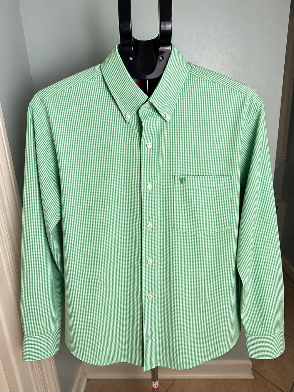 IZOD Men’s Large Green Gingham Check Button-Down Shirt 100% Cotton